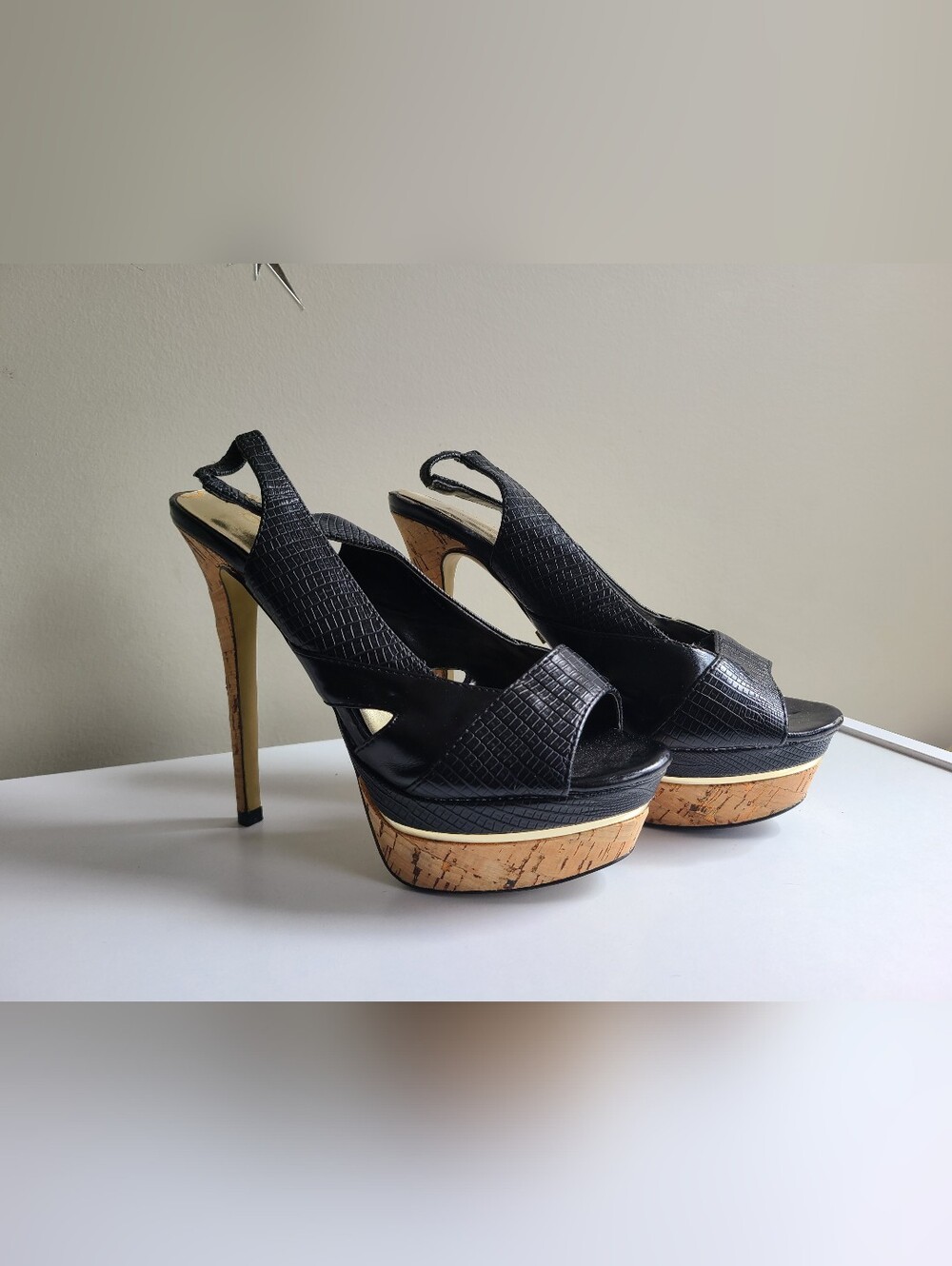bebe Black Textured Slingback Platform Heels with Cork Accents